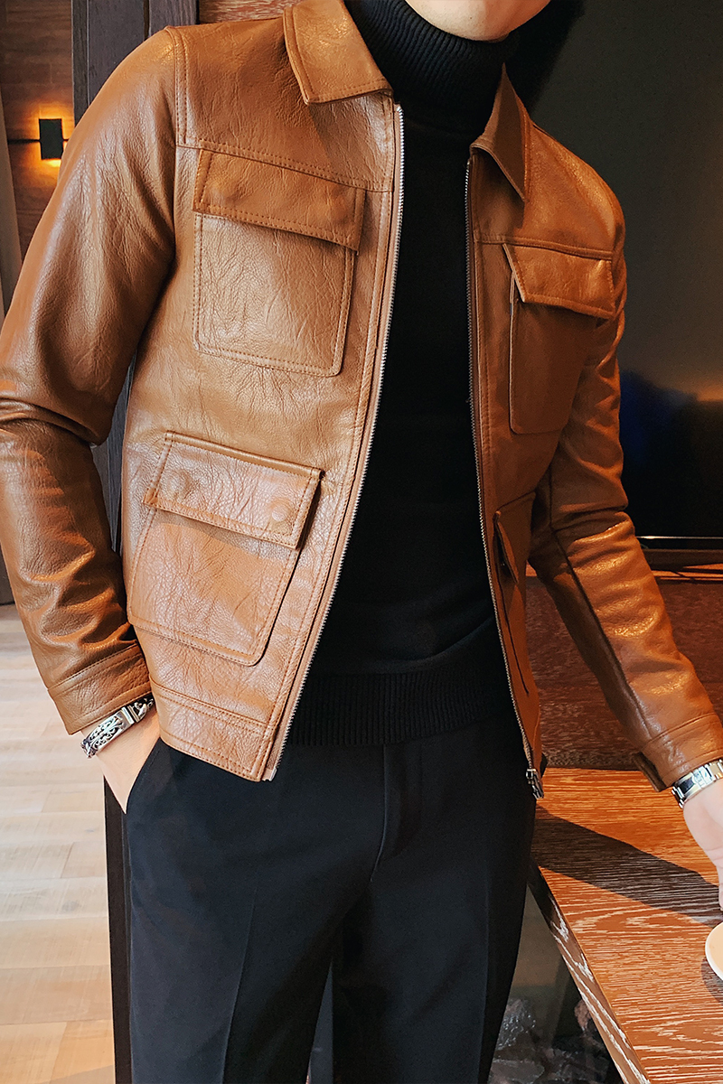 Men's Leather Faux Leather Fashion Korean Slim Fit Turn Down Collar Multi Pockets PU Leather Jackets For Men Clothing Streetwear Long Sleeve Casu