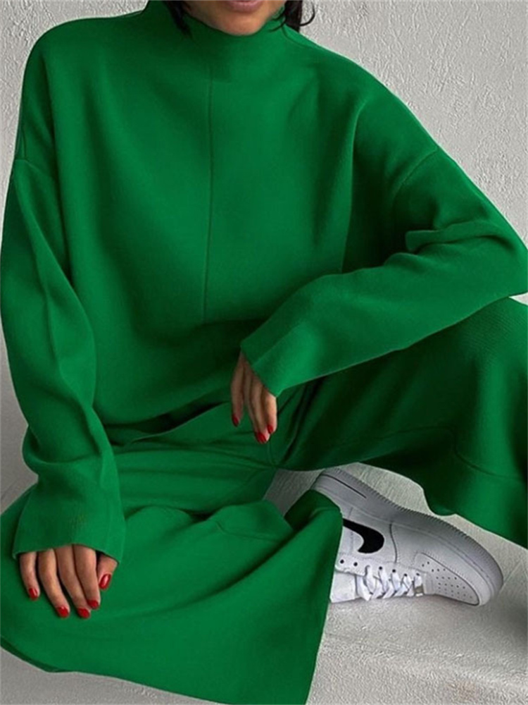 Women's Two Piece Pants Knitted Women's Trousers Suit Two Piece Set Green spring Loose Long Sleeve wide leg Pants Sets Female Casual Suits 2