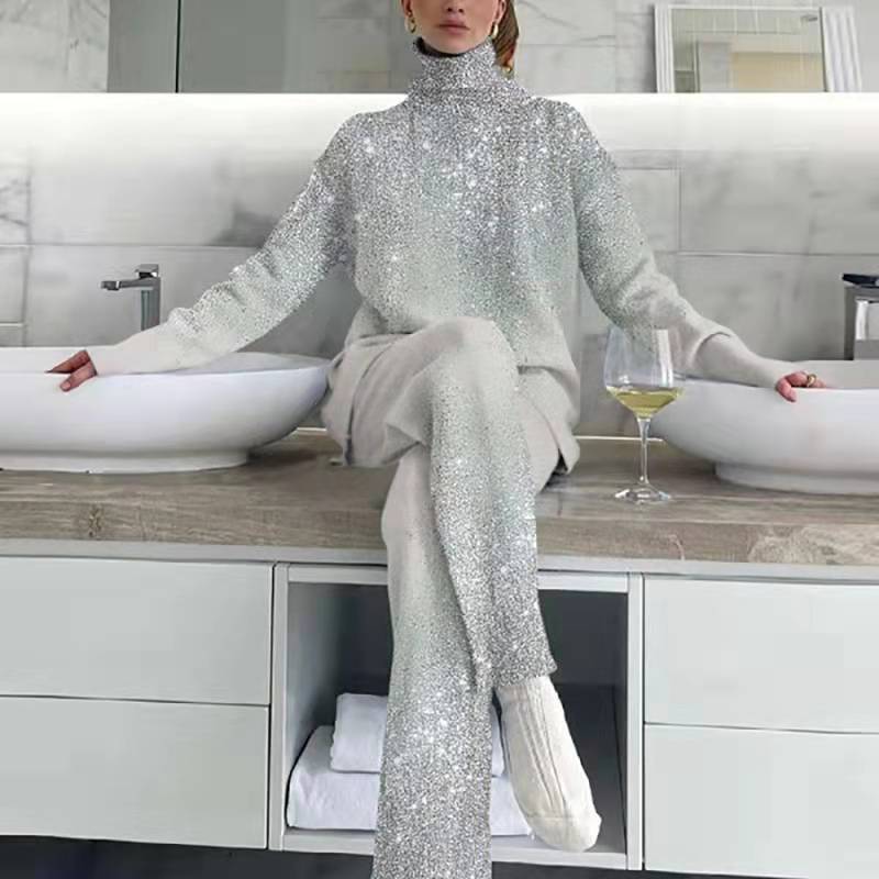 Women's Two Piece Pants Oversized Turtleneck Tops Loose Long Trousers Set Women Streetwear Casual Pants Two Piece Set Femme Warm Long Sleeve Pant