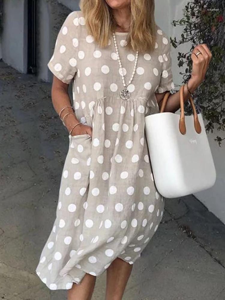 Casual Dresses 2024 Women Summer Dress Loose Short Sleeve Pockets Polka Dot Printed Clothing