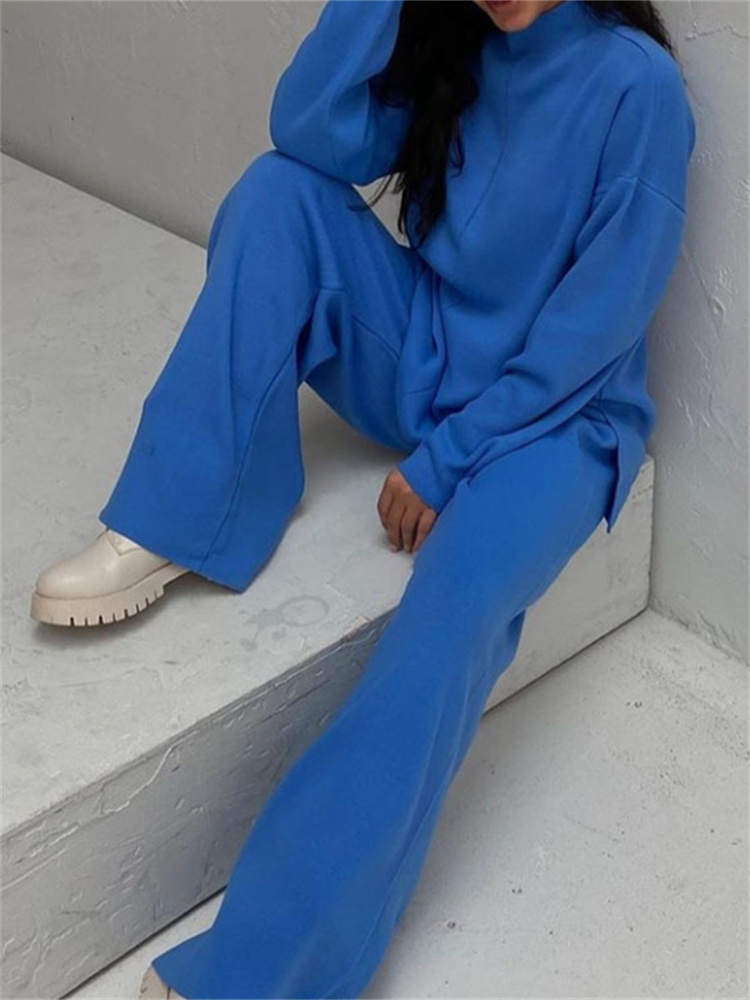 Women's Two Piece Pants Knitted Women's Trousers Suit Two Piece Set Green spring Loose Long Sleeve wide leg Pants Sets Female Casual Suits 2