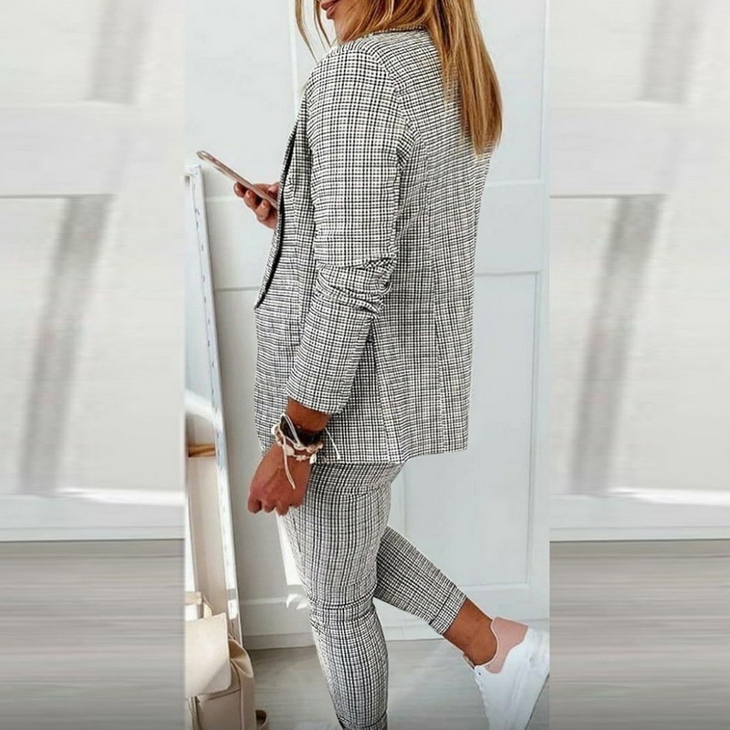 Women's Two Piece Pants Spirng Autumn Women Set Plaid Print Blazer Coat Drawstring Pants Sets Femme Thin Jacket Trousers Suit Office Lady Outfits