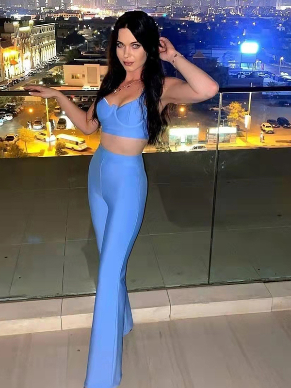 Women's Two Piece Pants Summer Women's Fashion Sexy Bandage 2 Two-piece Set Sleeveless Tight Short Top High Waist Flared Trousers Pants Set 