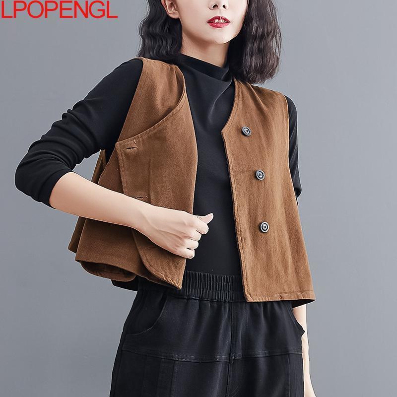 Women's Vests Women Loose Vest Cotton V-neck Sleeve Button Solid Color Casual Coat Spring Korean Style Vintage Simple Cozy Vest Top 220913