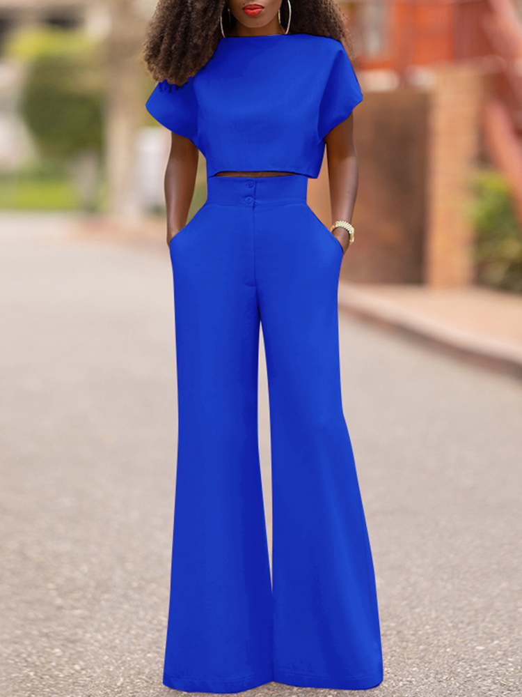 Women's Two Piece Pants VONDA Women Summer Pants Sets Casual Solid Color O Neck Short Sleeve Party Top High Waist Zipper Pants Office Long Trouse