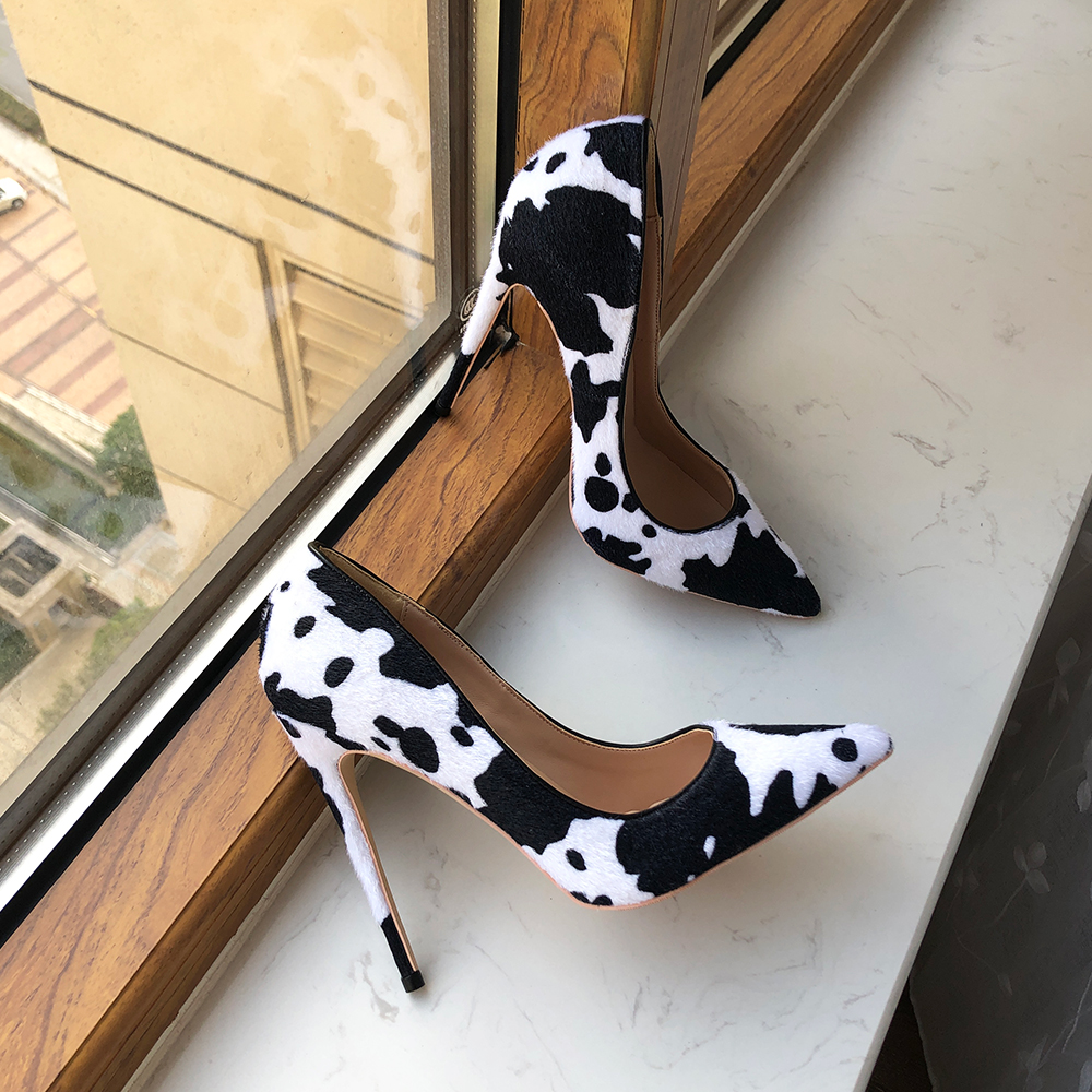 Spring Autumn New Stiletto Shoes Sexy High Heels Novel Special Cow Pattern Fashion Print Shoes Chemical Fiber Women039s Pu