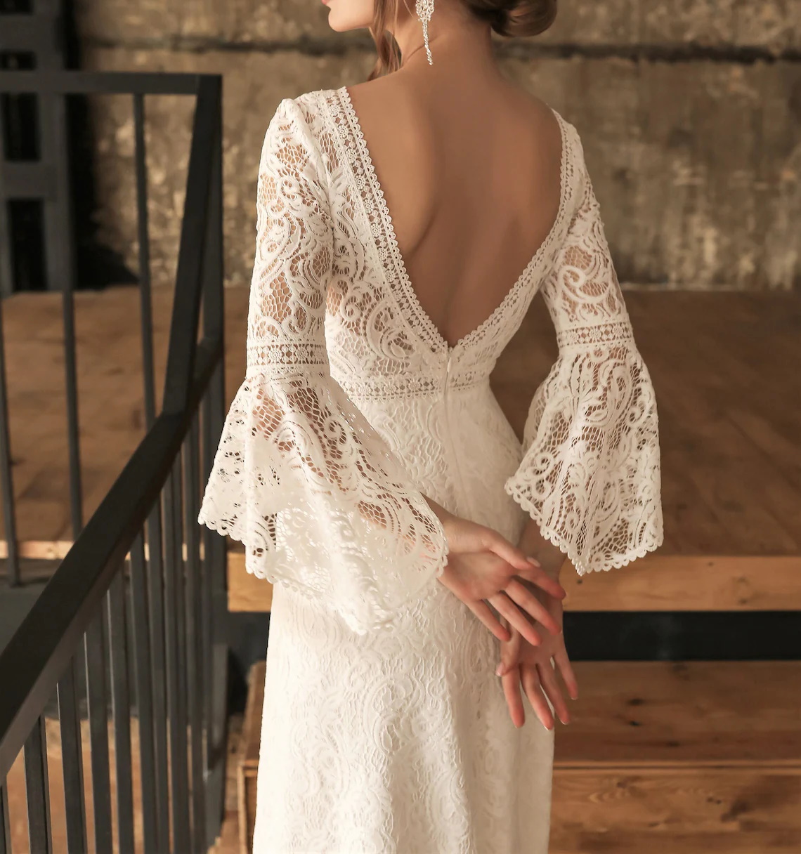 Wedding Vintage Mermaid Dress Scoop Neck Bell Half Sleeve Full Laceopen Back Bohemian Boho Sweep Train Bridal Gown Custom Made