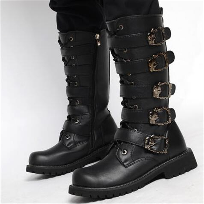Boots Mens Leather Motorcycle Midcalf Military Combat Gothic Belt Punk Men Shoes Tactical Army Boot 220913