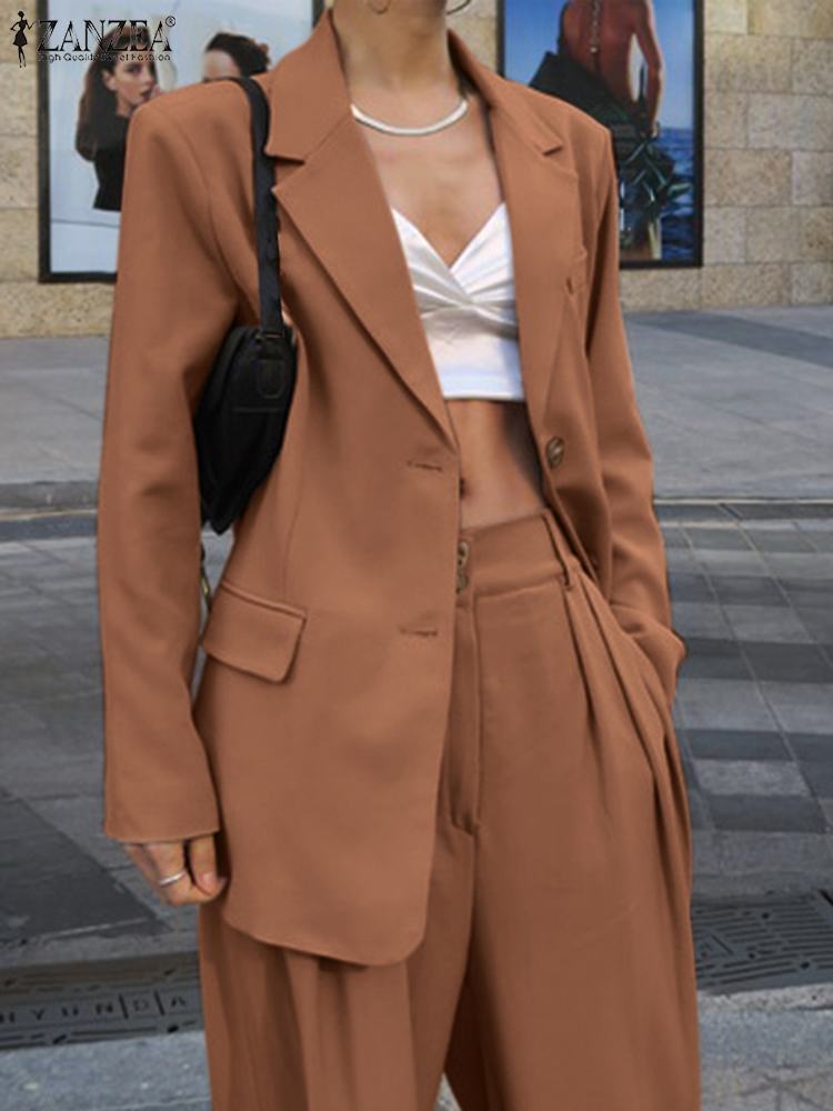 Women's Two Piece Pants Women Casual Elegant Office Matching Sets Stylish Solid Pant Sets ZANZEA Vintage 2PCS Thin Blazer Slim Trouser Work Suits