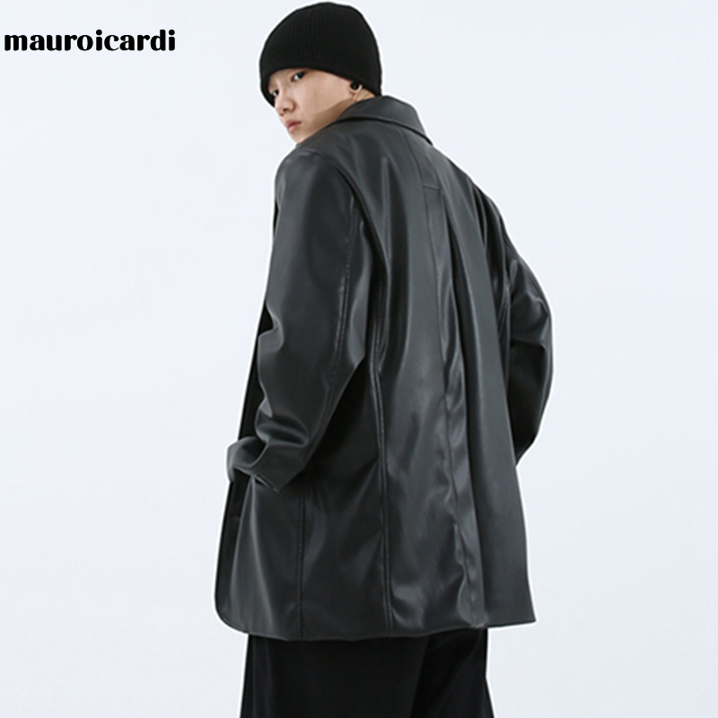 Men's Leather Faux Mauroicardi Spring oversized leather blazers long sleeve Black brown loose causal soft faux jacket for men style 220913