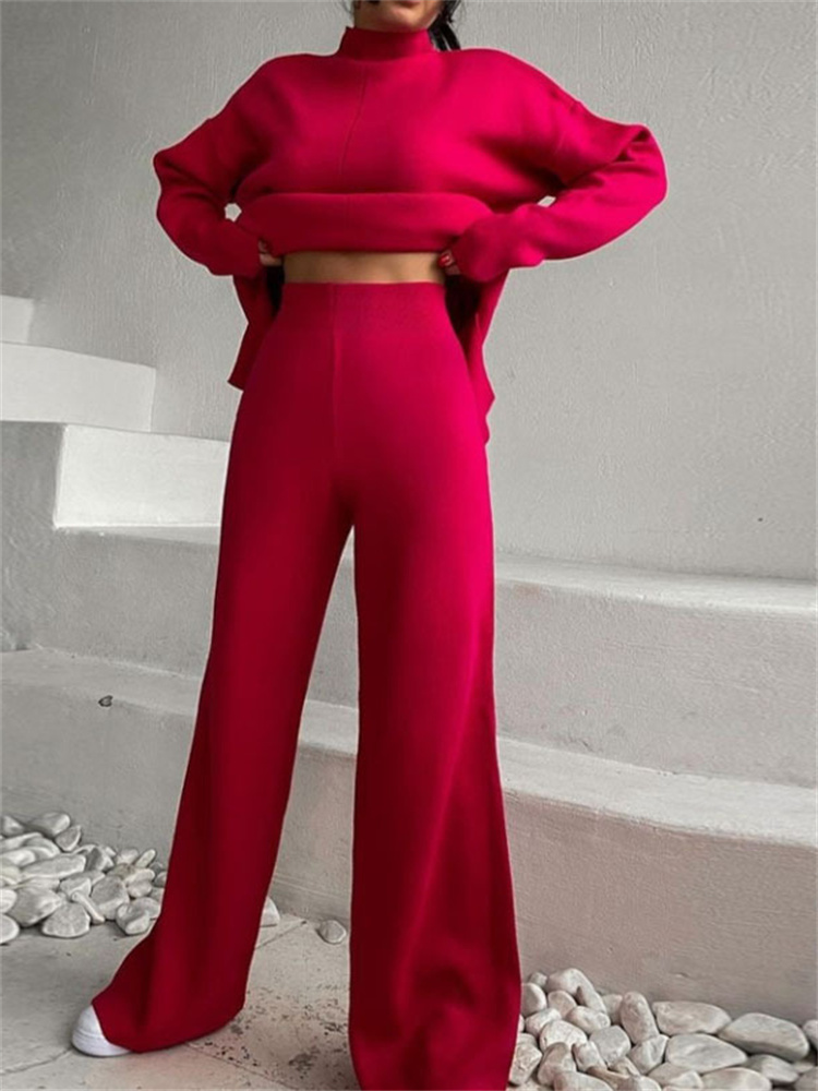 Women's Two Piece Pants Knitted Women's Trousers Suit Two Piece Set Green spring Loose Long Sleeve wide leg Pants Sets Female Casual Suits 2