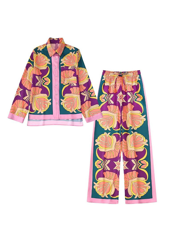 Women's Two Piece Pants Women Print Shirts Pants Set Casual Long Sleeve Turn Down Collar Top Elastic Waist Trouser Suits Summer Street Outfits 22