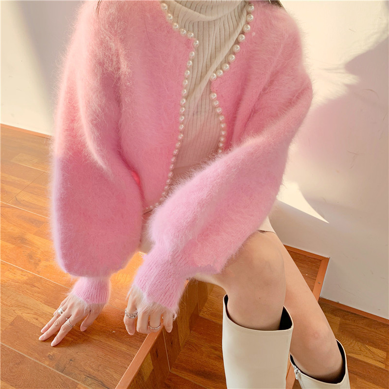 Women's Pearl Lantern Sleeve Knitted Cardigan Jacket - Soft Fluffy V-Neck Pullover Sweater For Spring Autumn