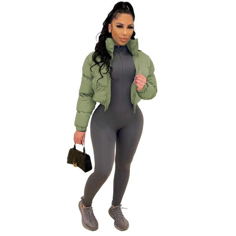 Women's Down Parkas Crop Puffer Jacket Women Black Zipper V Neck Long Sleeve Ladies Warm Down Short Parkas Coats Outwear Short Coat Thin Light 22