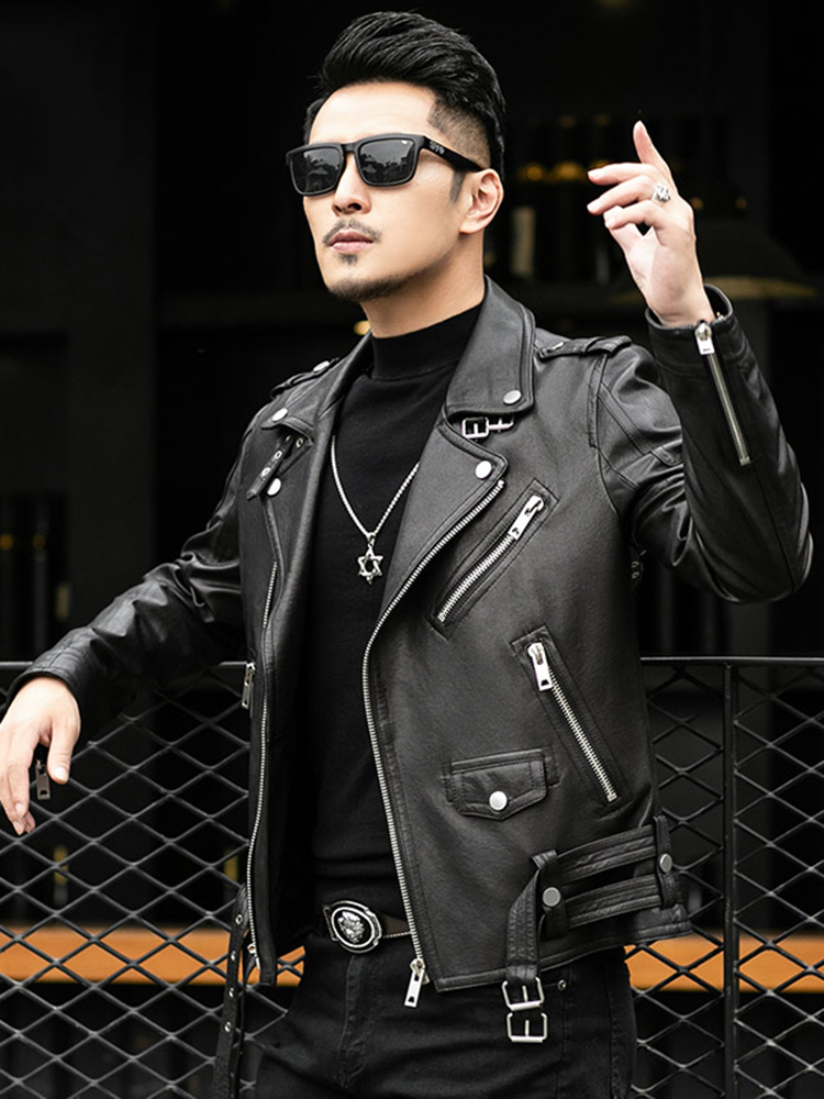 Men's Leather Faux Leather Mauroicardi Spring Autumn Short Cool Black Leather Biker Jacket Men Zipper Long Sleeve Belt Plus Size European Fashion