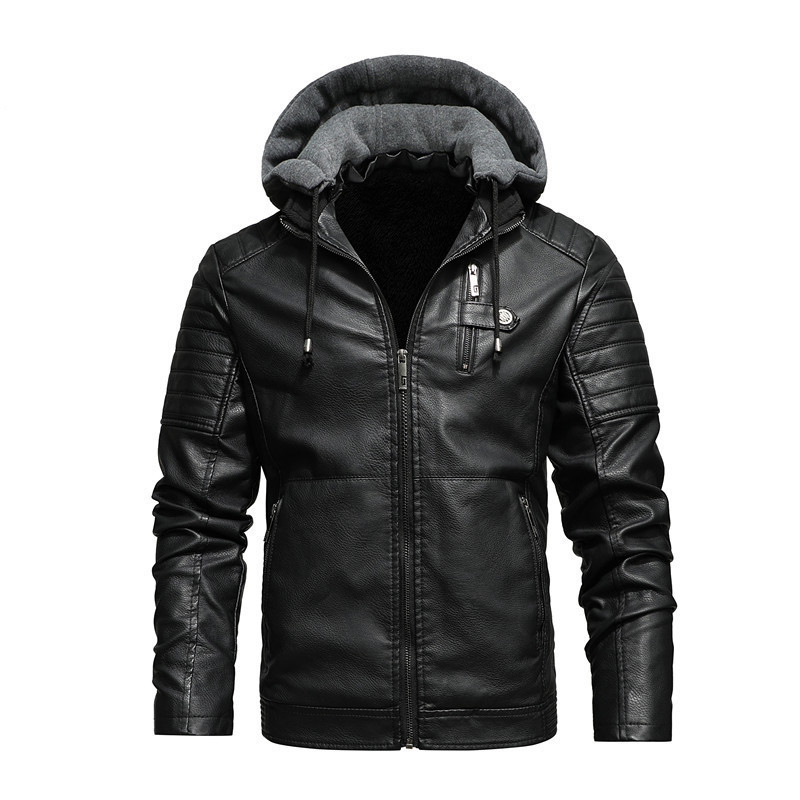 Men's Leather Faux Autumn Winter Fleece Jacket Men Motorcycle PU Casual Hooded Bomber Mens Windbreaker Coats 220913