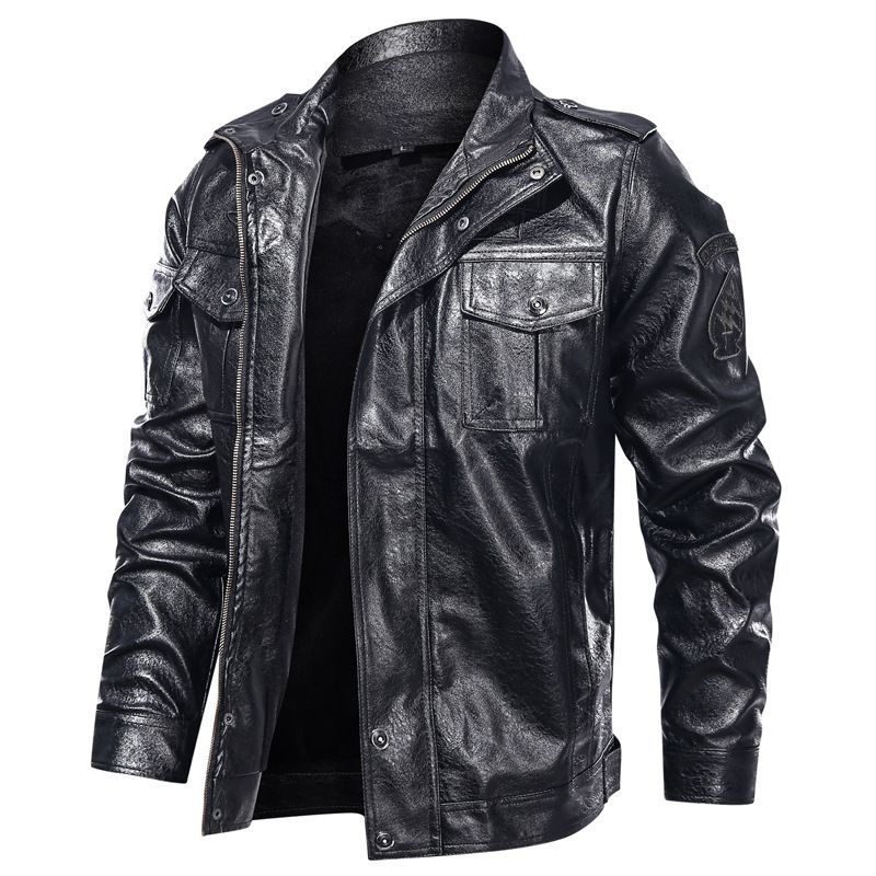Men's Leather Faux Leather Men's Autumn and Winter Long-sleeved Solid Color Leather Jacket Large Size M-5XLpu Lapel Multi-pocket Motorcycle 