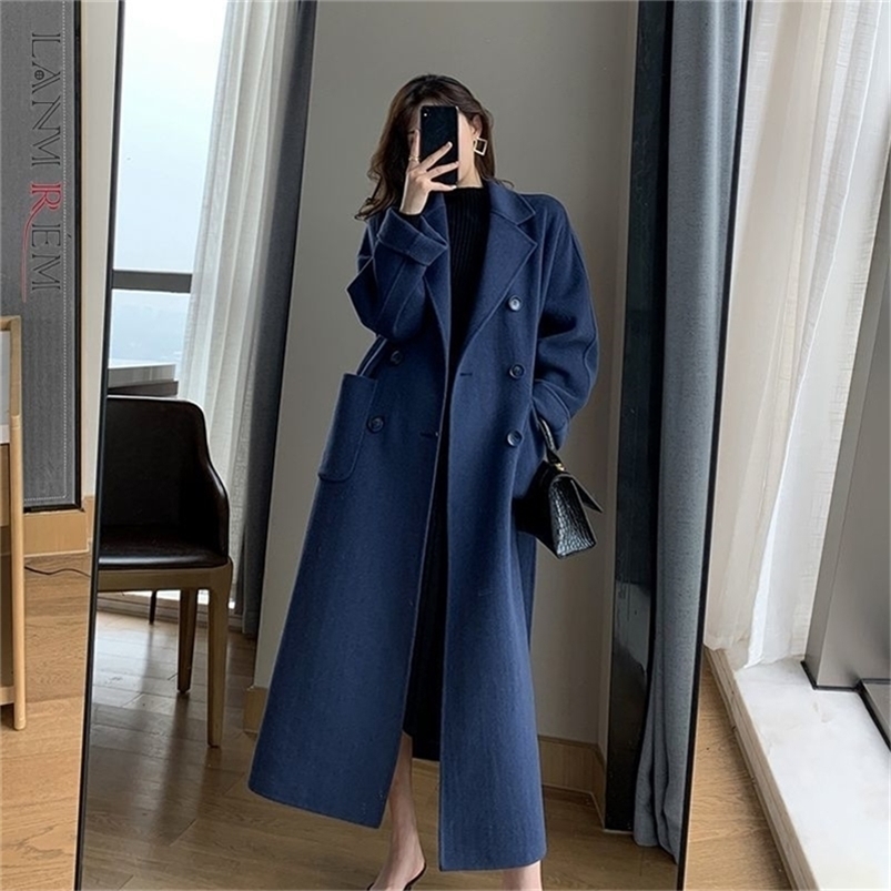 Women's Wool Blends LANMREM Autumn Winter Women Woolen Coat Warm Long Length Double Breasted Navy Blue Coats Female Elegant Outerwear 2C533 22091
