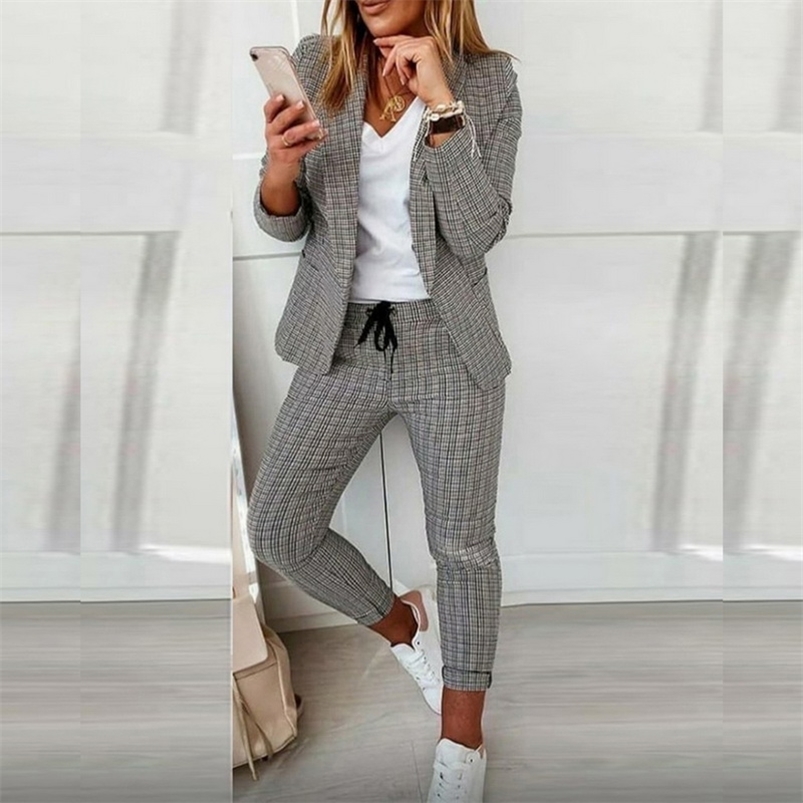 Women's Two Piece Pants Spirng Autumn Women Set Plaid Print Blazer Coat Drawstring Pants Sets Femme Thin Jacket Trousers Suit Office Lady Outfits 220913