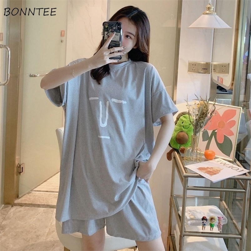 Women's Sleepwear Pajama Sets Women Oversized Summer Korean Kawaii Printed Harajuku Soft Womens Homewear Pregnant Fashion Preppy Girls Pajamas 22