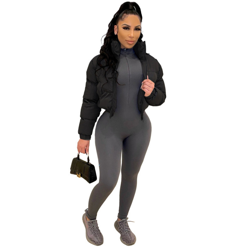 Women's Down Parkas Crop Puffer Jacket Women Black Zipper V Neck Long Sleeve Ladies Warm Down Short Parkas Coats Outwear Short Coat Thin Light 22