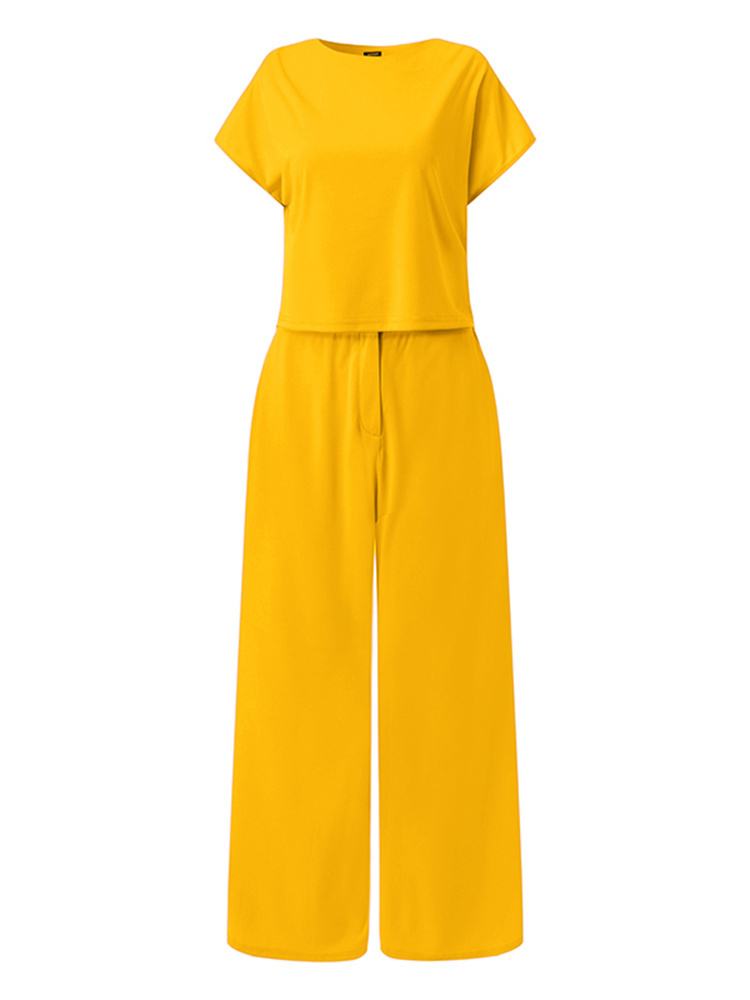 Women's Two Piece Pants VONDA Women Summer Pants Sets Casual Solid Color O Neck Short Sleeve Party Top High Waist Zipper Pants Office Long Trouse