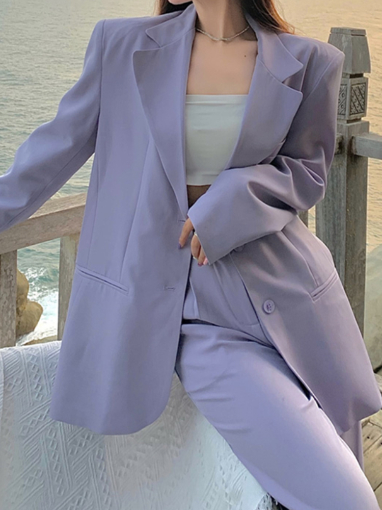 Women's Two Piece Pants Spring Summer Women Blazer Pantsuit Long Sleeve Jacket Pants Two Piece Set Female Fashion Business Casual Purple Trousers