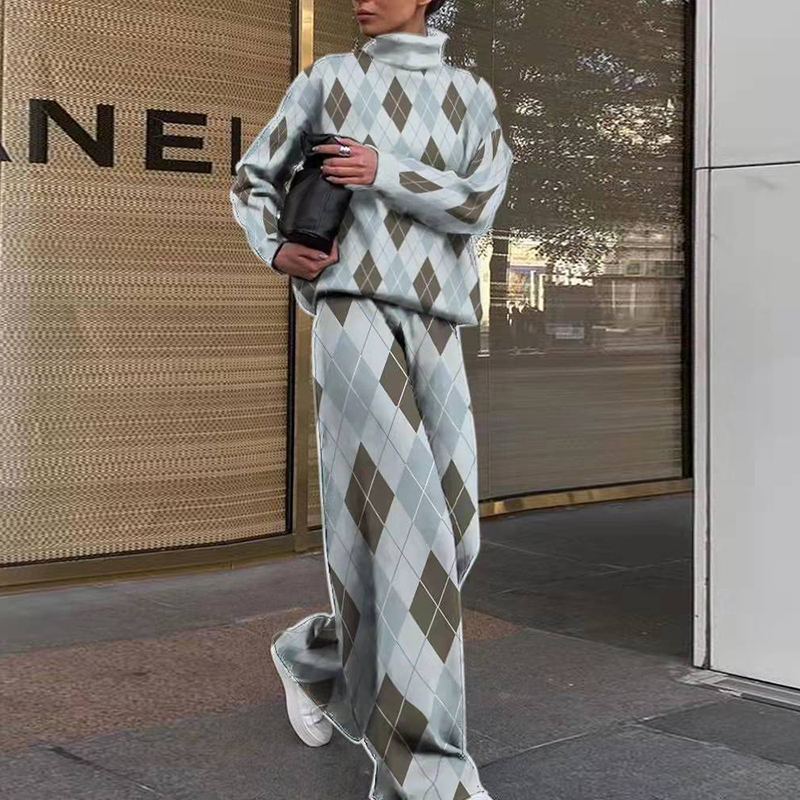 Women's Two Piece Pants Women Casual Long Pants Print Outfits Long Sleeve Tops Loose Elastic Waist Pants Set Female Spring Autumn Trousers Matchi