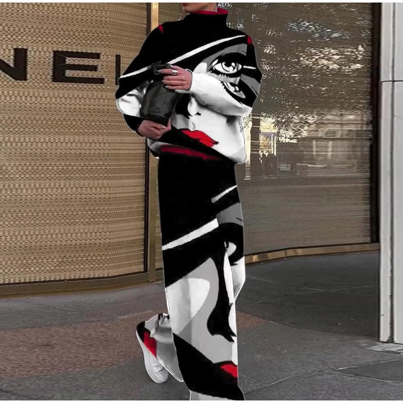 Women's Two Piece Pants Women Casual Tie Dye Two Piece Sets Turtleneck Long Sleeve Sweater And Trouser Suits Spring Autumn Female Knitted Warm Tr