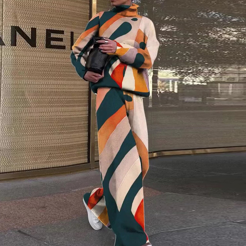 Women's Two Piece Pants Women Casual Long Pants Print Outfits Long Sleeve Tops Loose Elastic Waist Pants Set Female Spring Autumn Trousers Matchi