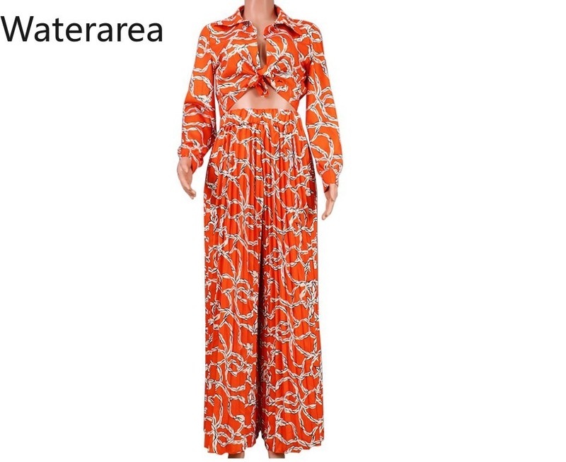 Women's Two Piece Pants Waterarea Print Pleated Female Suit Long Sleeves Shirt with Wide Leg Pants Suit Casual Two Piece Set Sexy Outfits for Wom