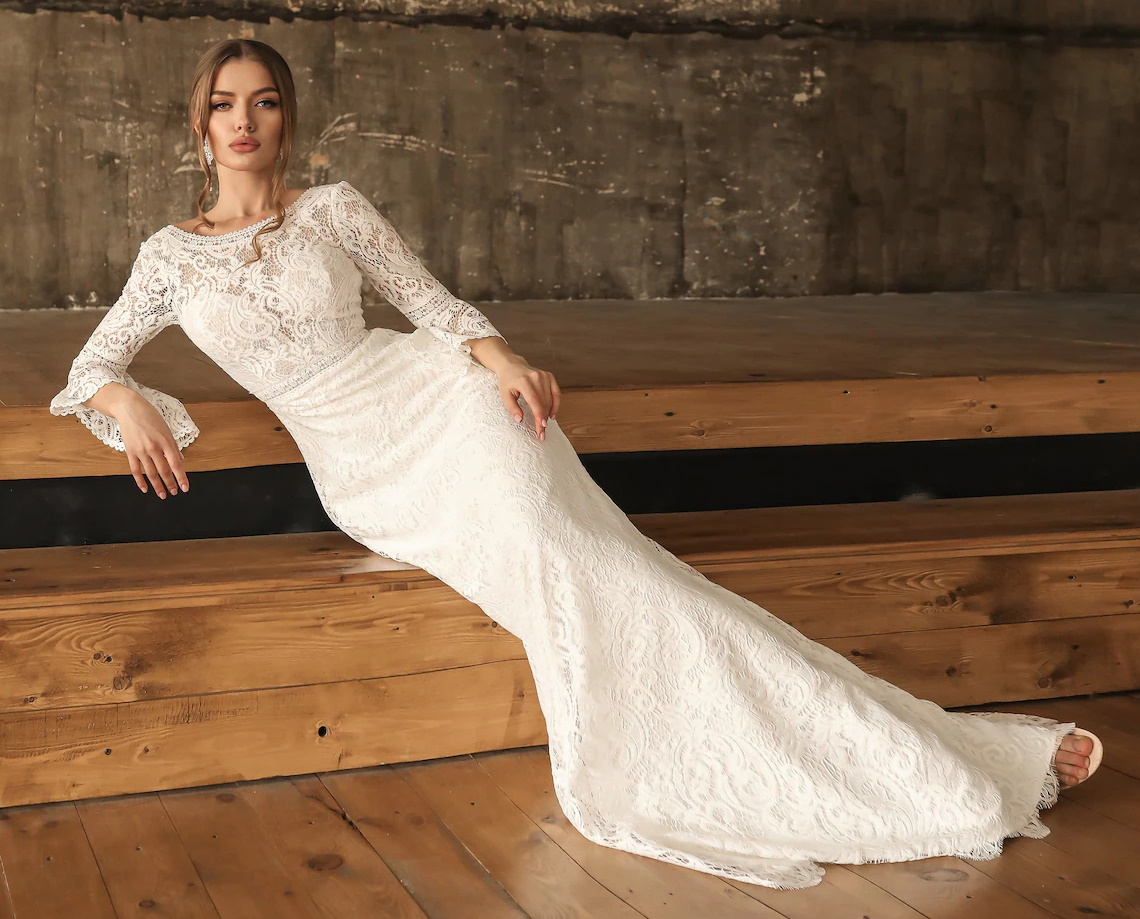 Wedding Vintage Mermaid Dress Scoop Neck Bell Half Sleeve Full Laceopen Back Bohemian Boho Sweep Train Bridal Gown Custom Made