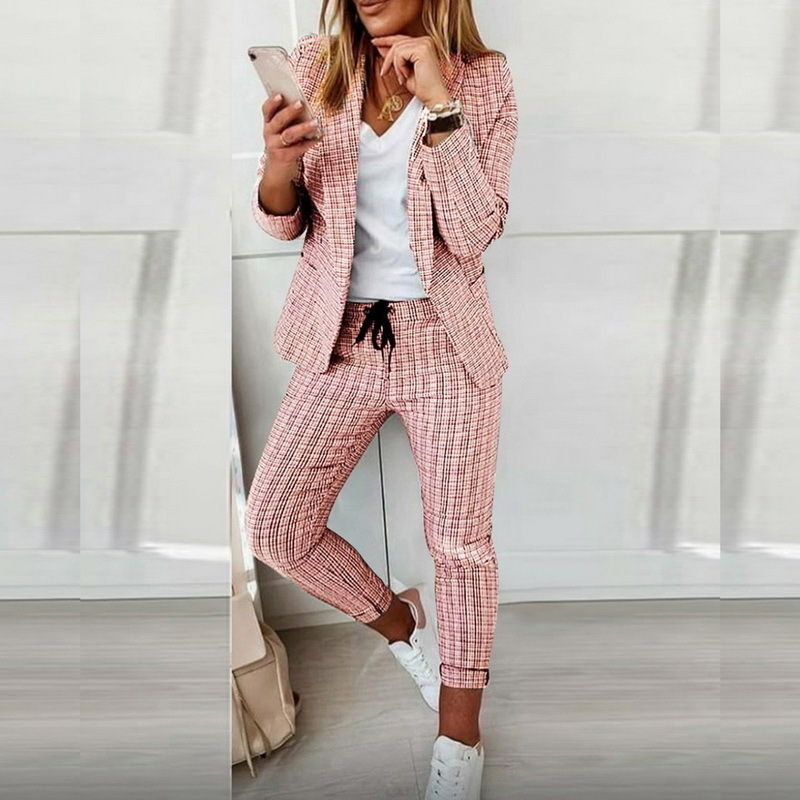 Women's Two Piece Pants Spirng Autumn Women Set Plaid Print Blazer Coat Drawstring Pants Sets Femme Thin Jacket Trousers Suit Office Lady Outfits