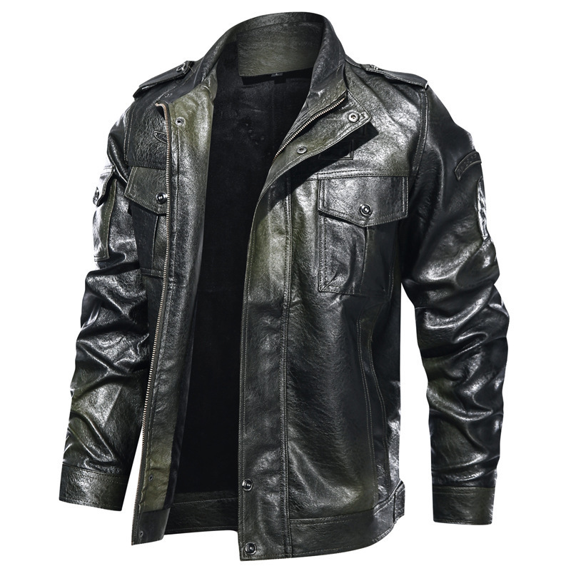 Men's Leather Faux Leather Men's Autumn and Winter Long-sleeved Solid Color Leather Jacket Large Size M-5XLpu Lapel Multi-pocket Motorcycle 