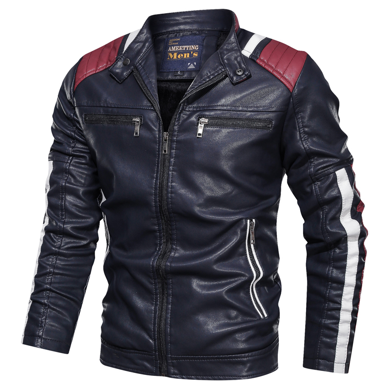 Men's Leather Faux Spliced Fleece Jacket Winter Autumn PU Motorcycle s Fashion Casual Slim Warm Bomber 220913