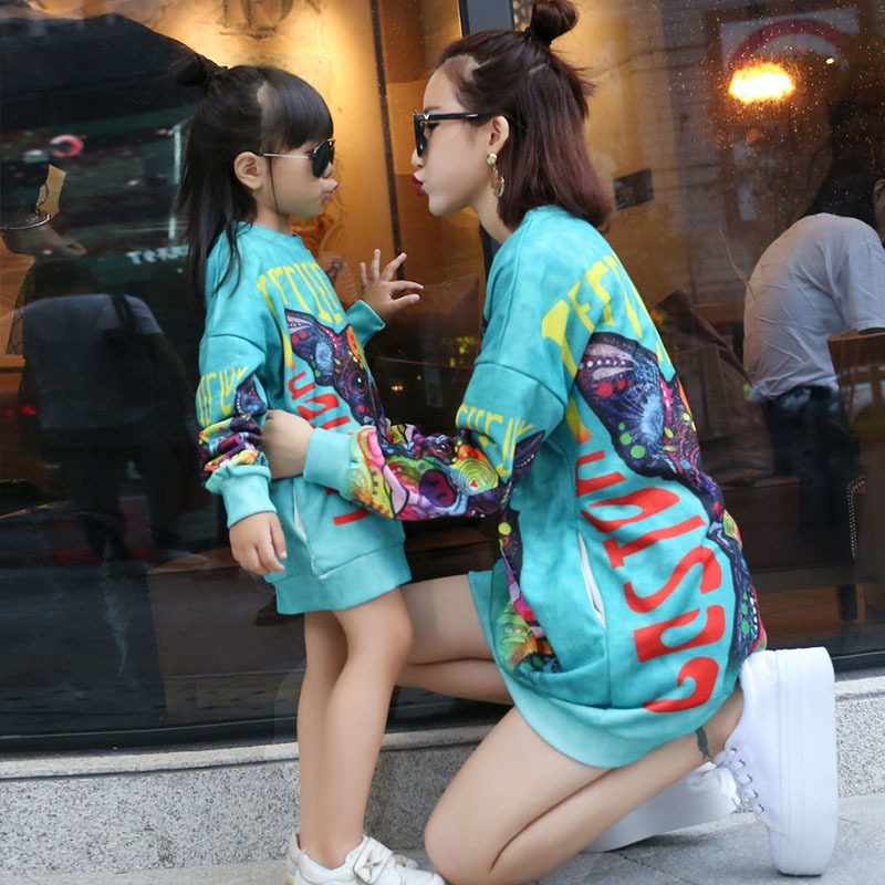 Family Matching Outfits Mother Daughter Dress Long Sweatshirts Women Girl Long Sleeve Print Sweatshirt Dress Casual Family Matching Mommy And Me Cloth
