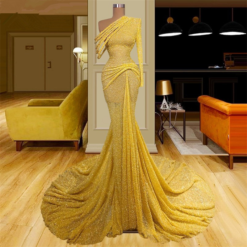 Saudi Arabic Mermaid Prom Dresses One Shoulder Sequined Party Dresses Pleats Floor Length Custom Made Evening Dress