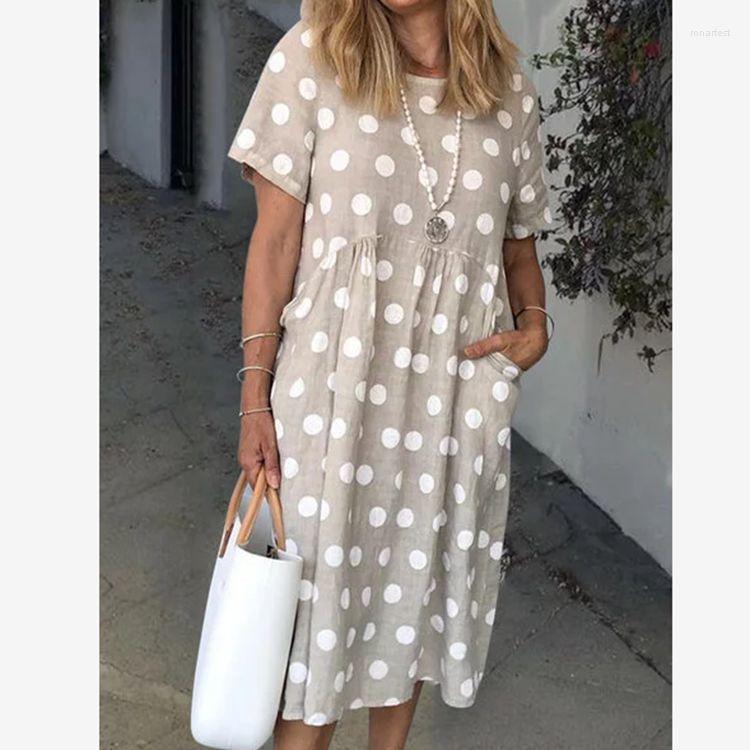 Casual Dresses 2024 Women Summer Dress Loose Short Sleeve Pockets Polka Dot Printed Clothing