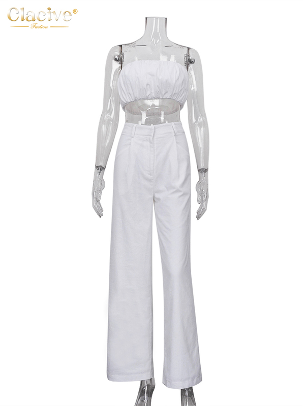 Women's Two Piece Pants Clacive Sexy Tube Top White Two Piece Set Women Summer Slim High Waist Pants Set Female Streetwear Elegant Linen Trouser 