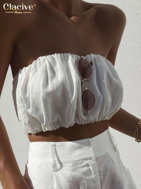 Women's Two Piece Pants Clacive Sexy Tube Top White Two Piece Set Women Summer Slim High Waist Pants Set Female Streetwear Elegant Linen Trouser 