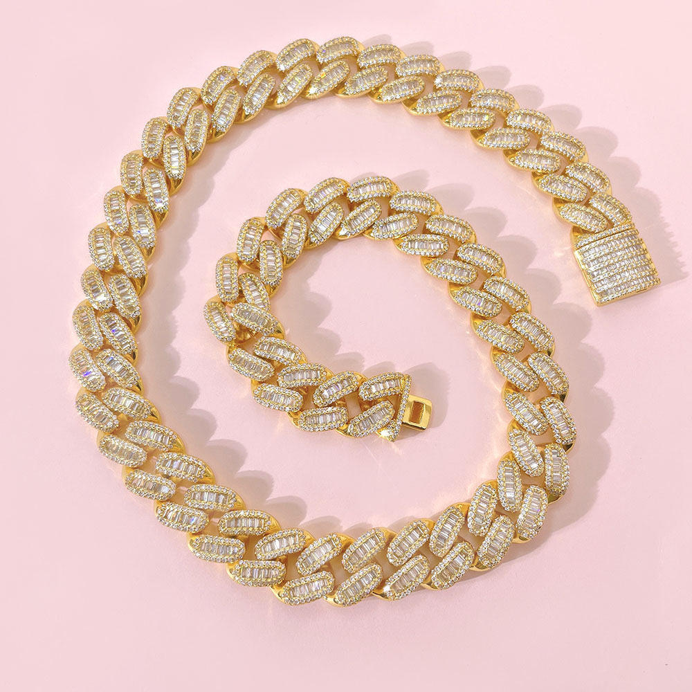 15mm Hip Hop T Cubic Zirconia Tennis Encrypted Cuban Chain 18k Real Gold Plated Men's Necklace