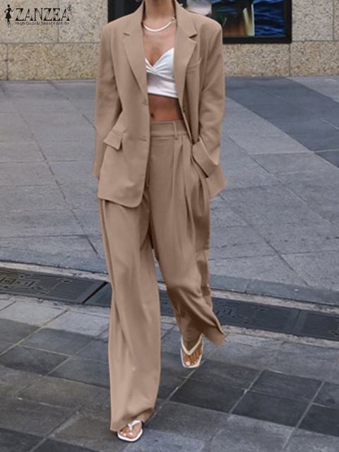 Women's Two Piece Pants Women Casual Elegant Office Matching Sets Stylish Solid Pant Sets ZANZEA Vintage 2PCS Thin Blazer Slim Trouser Work Suits