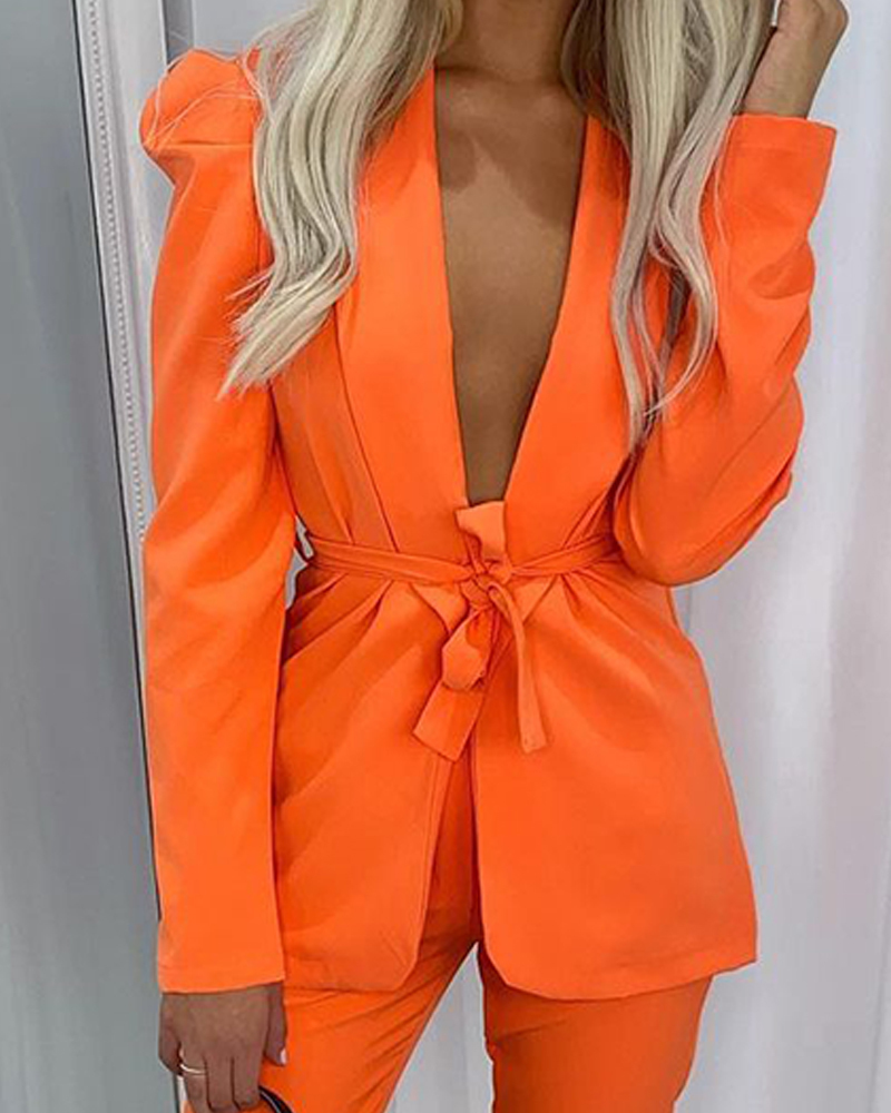 Women's Two Piece Pants Women Open Front Blazer Top Pant Fall 2 Piece Sexy Club Outfits Solid Tie Front Blazer Pants Set Orange Pants Suit Street