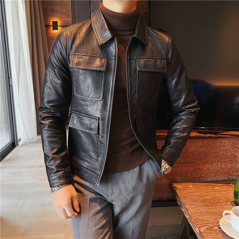 Men's Leather Faux Leather Fashion Korean Slim Fit Turn Down Collar Multi Pockets PU Leather Jackets For Men Clothing Streetwear Long Sleeve Casu