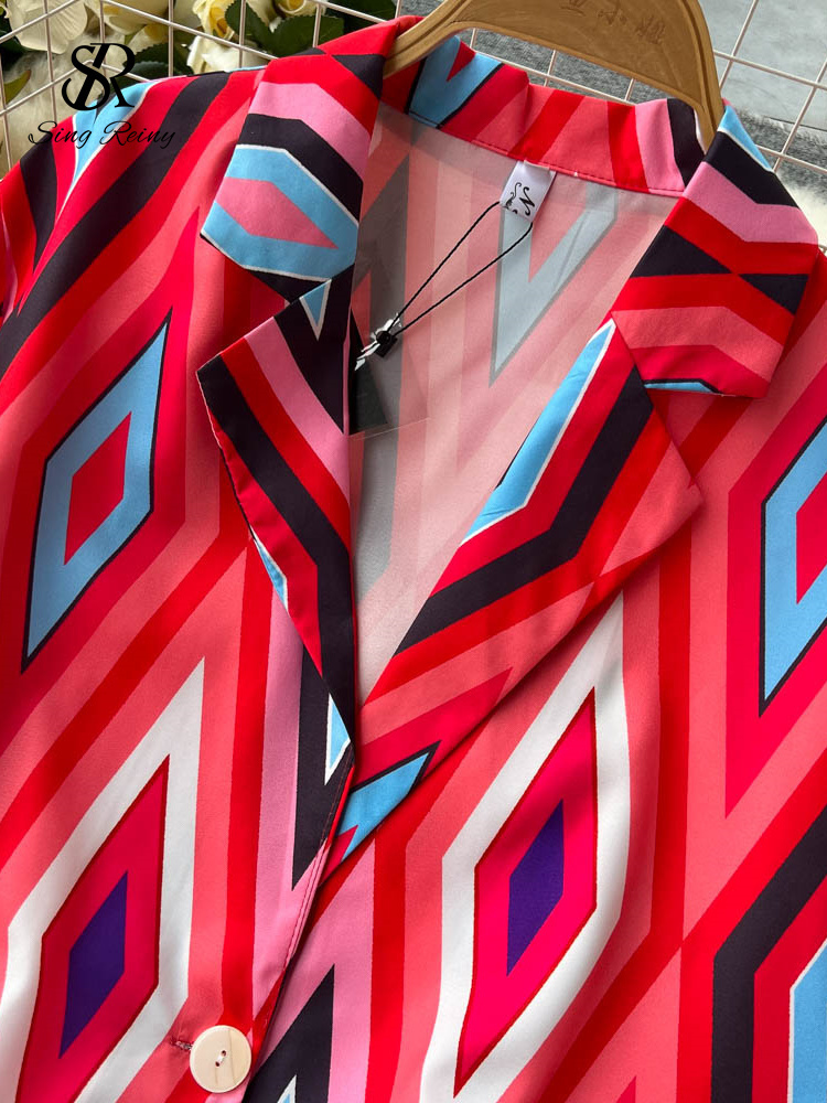 Women's Dia Print Loose Casual Blazer Wide Leg Pants Suit V Neck Long Sleeve Office Lady Two Piece Set Spandex High Waist Red Blue