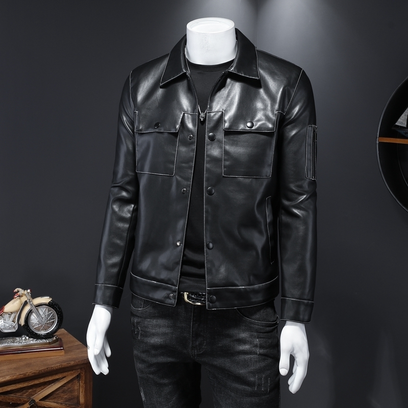 Men's Leather Faux Spring and Autumn Casual Slim Jacket Long Sleeve Lapel Soft Large Pocket 220913