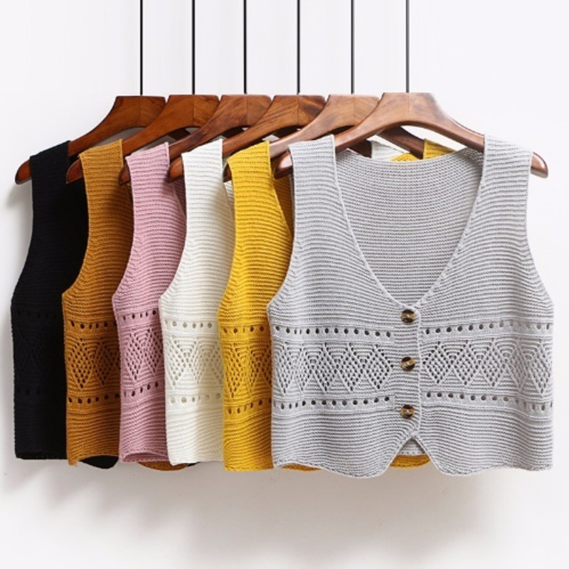 Women's Vests Korean Fashion V Neck Loose Sleeveless Sweater Vest Women Knitted Hollow Out Single Breasted Short Cardigan Female Kniwear 220913