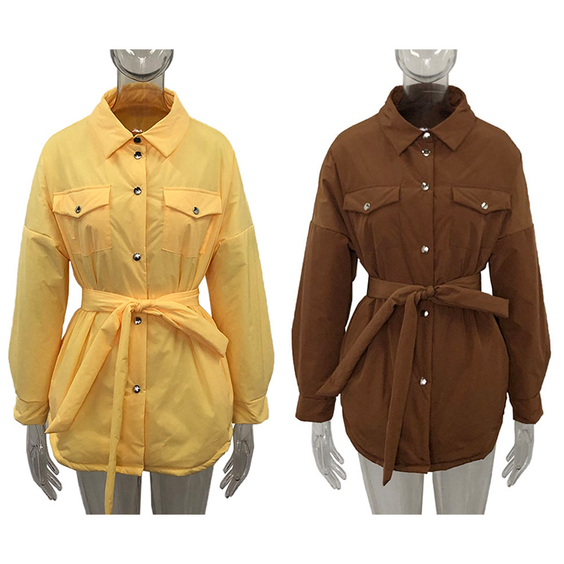 Women's Down Parkas RR Spring Turn Down Collar Parkas Women Fashion Tie Belt Coats Women Elegant Solid Front Pockets Cotton Jackets Female Ladies