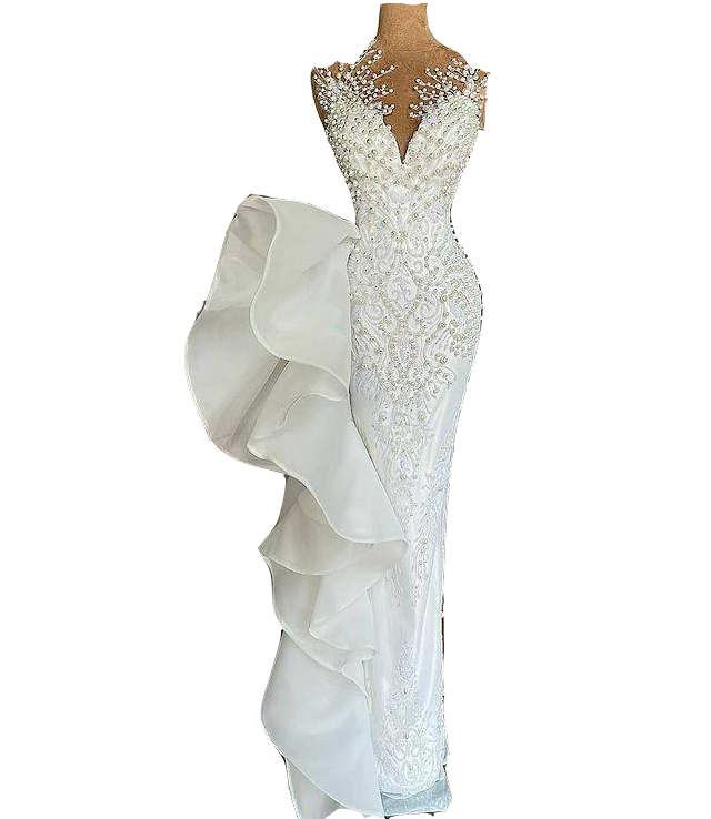 Mermaid Wedding Dresses Bridal Gowns Plus Size Sexy Arabic Jewel Neck Illusion Embroidery Lace Appliques Crystal Beads Pearls Ruffles Tiered 403