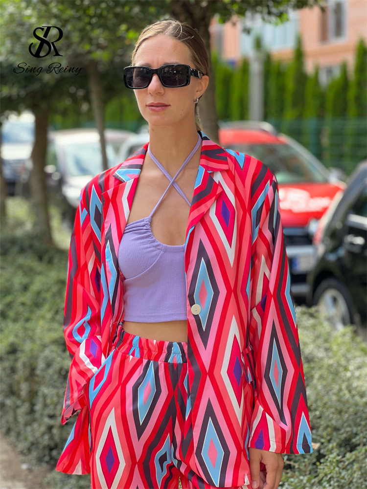 Women's Dia Print Loose Casual Blazer Wide Leg Pants Suit V Neck Long Sleeve Office Lady Two Piece Set Spandex High Waist Red Blue